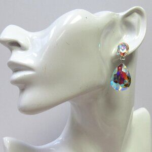 Silver Iridescent Crystal Dangle Teardrop Earrings Wedding Prom Evening